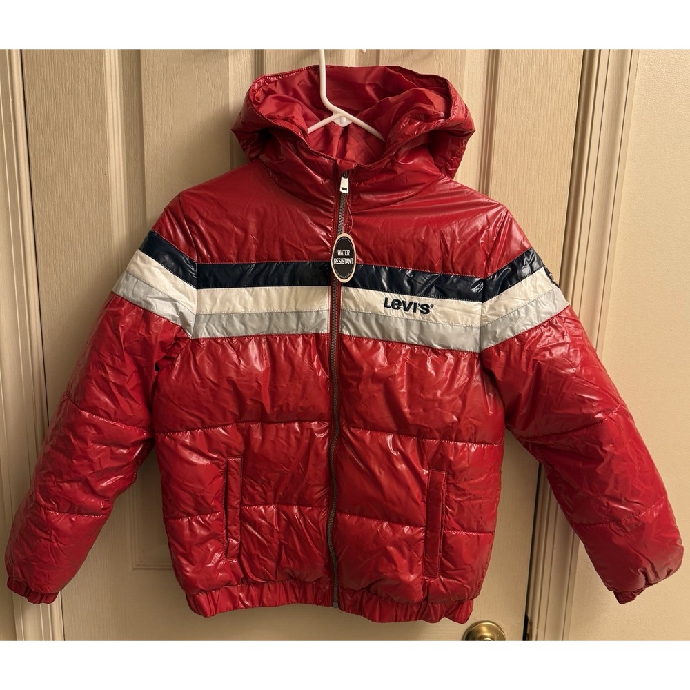 Levi's Youth Boys Full Zip Puffer Jacket XL 13-15 YRS Red Hooded Water Resistant